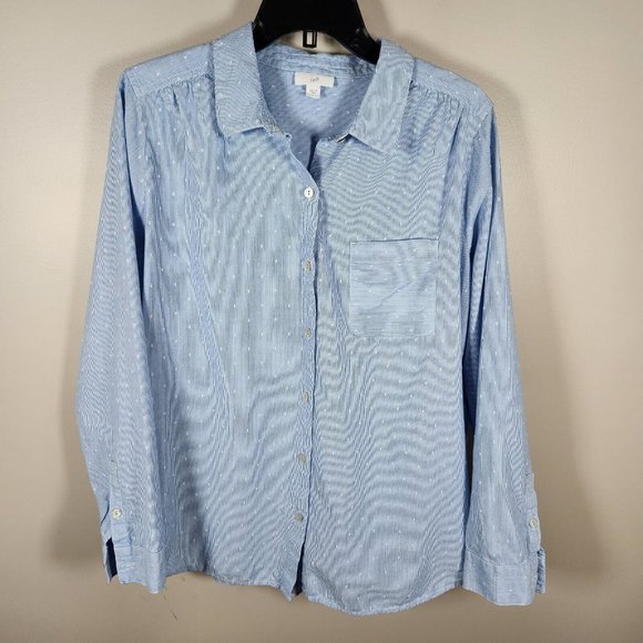 J. Jill Tops - J Jill Top Womens L Blue Long Sleeve Button Up Cotton Polka Dot Embroidered